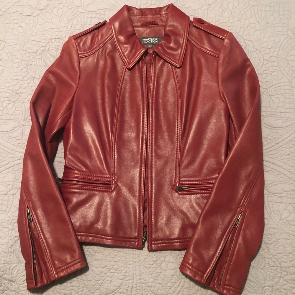 KENNETH COLE REACTION Bordeaux Burgundy Oxblood Red Leather Jacket - MEDIUM